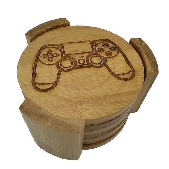 6 Video Game Controller Laser Engraved Bamboo Coasters With Holder - Gamer Cave - Picture 1 of 5